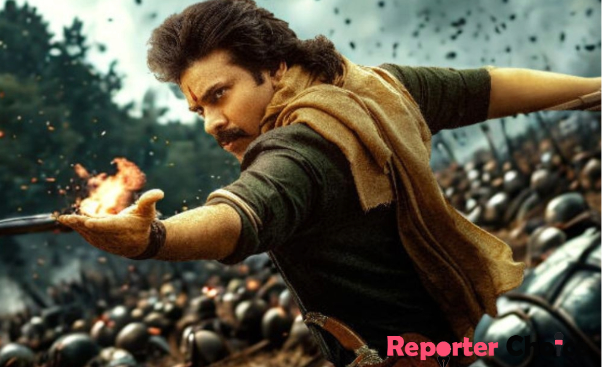 Pawan Kalyan as Veera Mallu in a powerful action scene from the Telugu historical film Hari Hara Veera Mallu