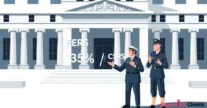 Illustration of federal officers standing in front of a government building showing FERS 35% and CSRS comparison
