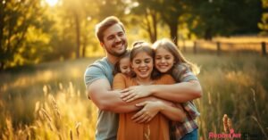 A happy family hugging and smiling in a sunny field during a Wi-Fi-free vacation.