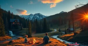 A couple sitting by a campfire near a mountain cabin and river during a Wi-Fi-free vacation at sunset.