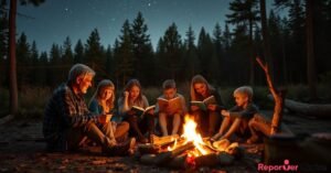 A family reading books together around a campfire during a Wi-Fi-free vacation in the forest at night.