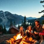 A happy family enjoying a Wi-Fi-free vacation around a campfire near mountain cabins and a lake under a starry sky.