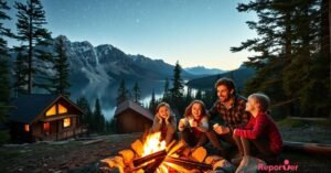 A happy family enjoying a Wi-Fi-free vacation around a campfire near mountain cabins and a lake under a starry sky.