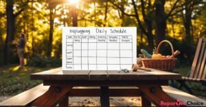 A handwritten unplugging daily schedule on a picnic table during a Wi-Fi-free family vacation in the park.