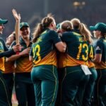 Australian women’s cricket team celebrating their 7-wicket win over South Africa in the Women’s World Cup 2025.