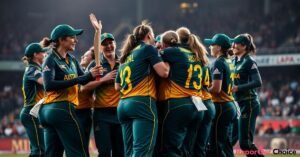 Australian women’s cricket team celebrating their 7-wicket win over South Africa in the Women’s World Cup 2025.