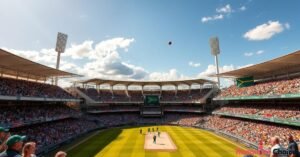 AUS vs SA Women’s World Cup 2025 match action in a packed cricket stadium under sunny skies.