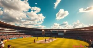 AUS vs SA Women’s World Cup 2025 match in progress at a packed cricket stadium under a bright sky.