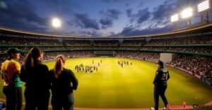 AUS vs SA Women’s World Cup 2025 match under floodlights with players and crowd in action.