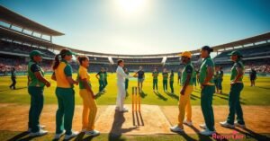 AUS vs SA Women’s World Cup 2025 toss ceremony with captains and umpire on the field.