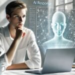 Human calmly thinking about Humans and Self-conscious AI while using a laptop in a modern workspace