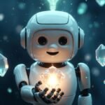 An AI assistant holding a glowing crystal gem, symbolizing Gemini Gems and how AI remembers user workflows to reduce repeated explanations.