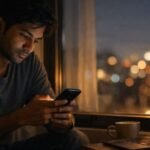 A person sitting alone at night near a window, quietly reflecting while using a phone, represents the human side of most unusual ChatGPT prompts.